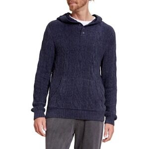 Barefoot Dreams CozyChic Lite Cable Knit Henley Hoodie Carbon Gray Blue Mens Med